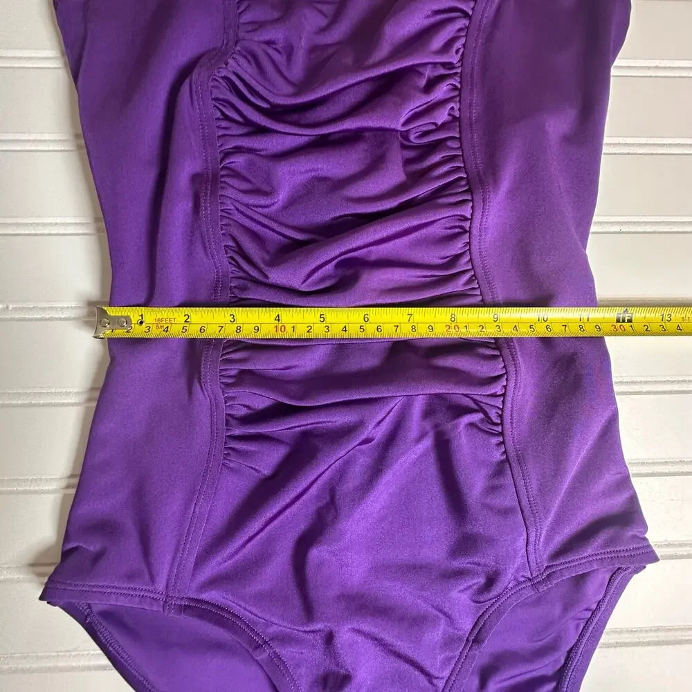 Women Purple One Piece Swimsuit Ruched Front Full Coverage Stretch Size M